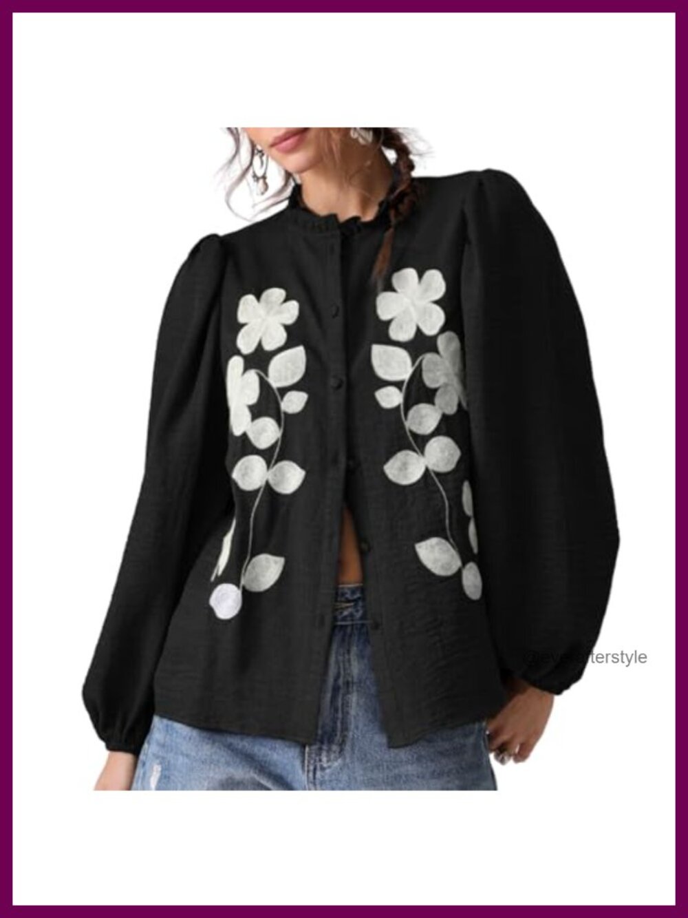 Linen Embroidered Button Down Blouse Puff Long Sleeve Boho Work Top